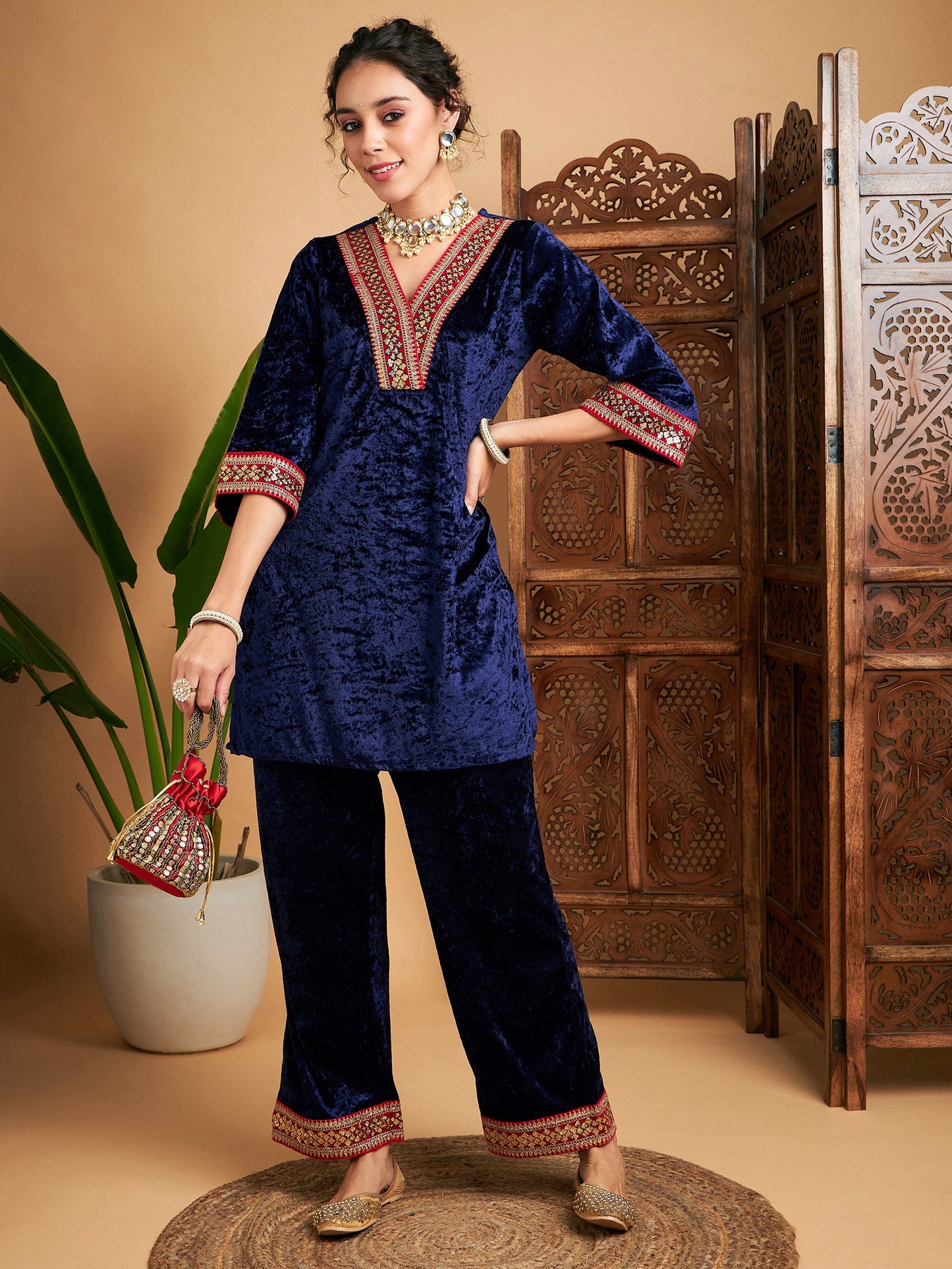 Navy Velvet Embroidered Short Kurta With Pants-Shae by SASSAFRAS