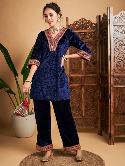 Navy Velvet Embroidered Short Kurta With Pants-Shae by SASSAFRAS