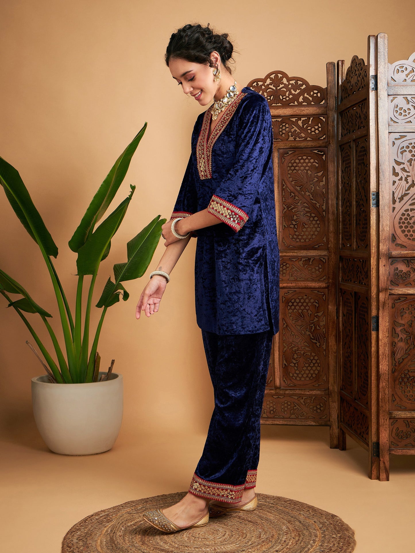 Navy Velvet Embroidered Short Kurta With Pants-Shae by SASSAFRAS