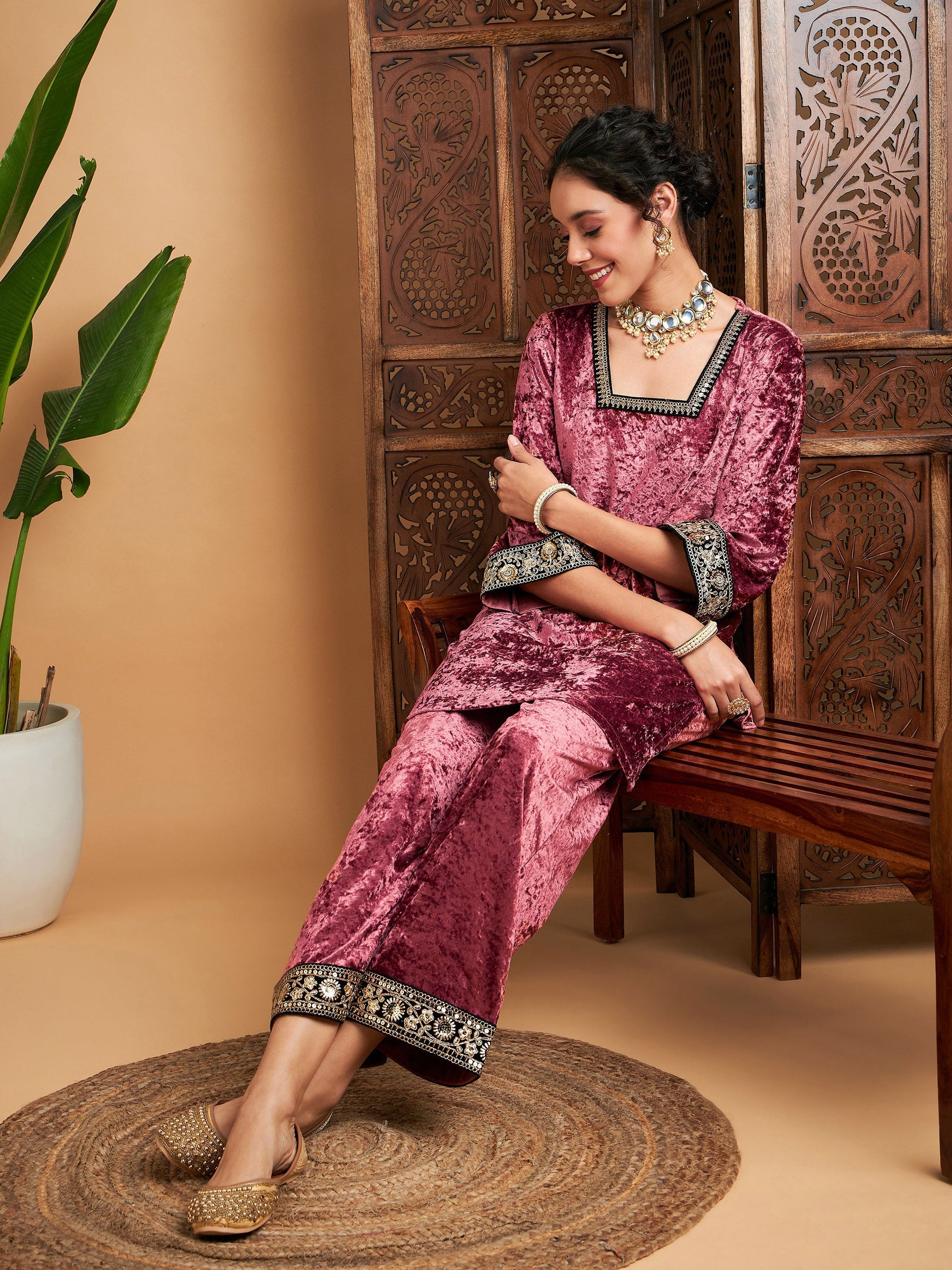 Pink Velvet Embroidered Short Kurta With Pants-Shae by SASSAFRAS