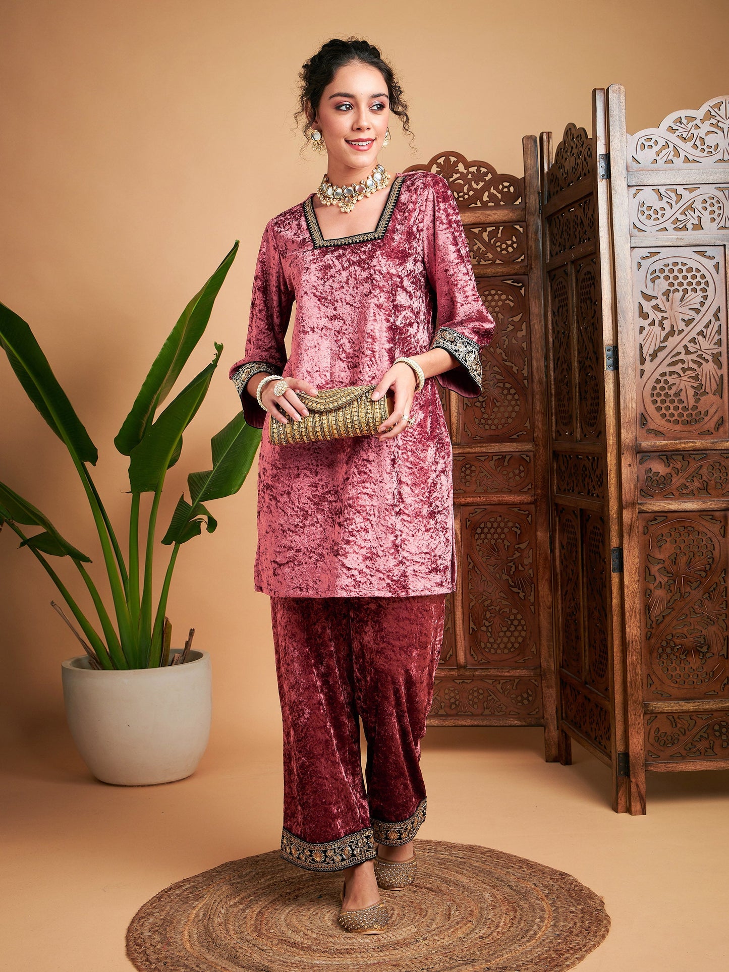 Pink Velvet Embroidered Short Kurta With Pants-Shae by SASSAFRAS