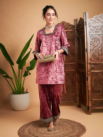 Pink Velvet Embroidered Short Kurta With Pants-Shae by SASSAFRAS