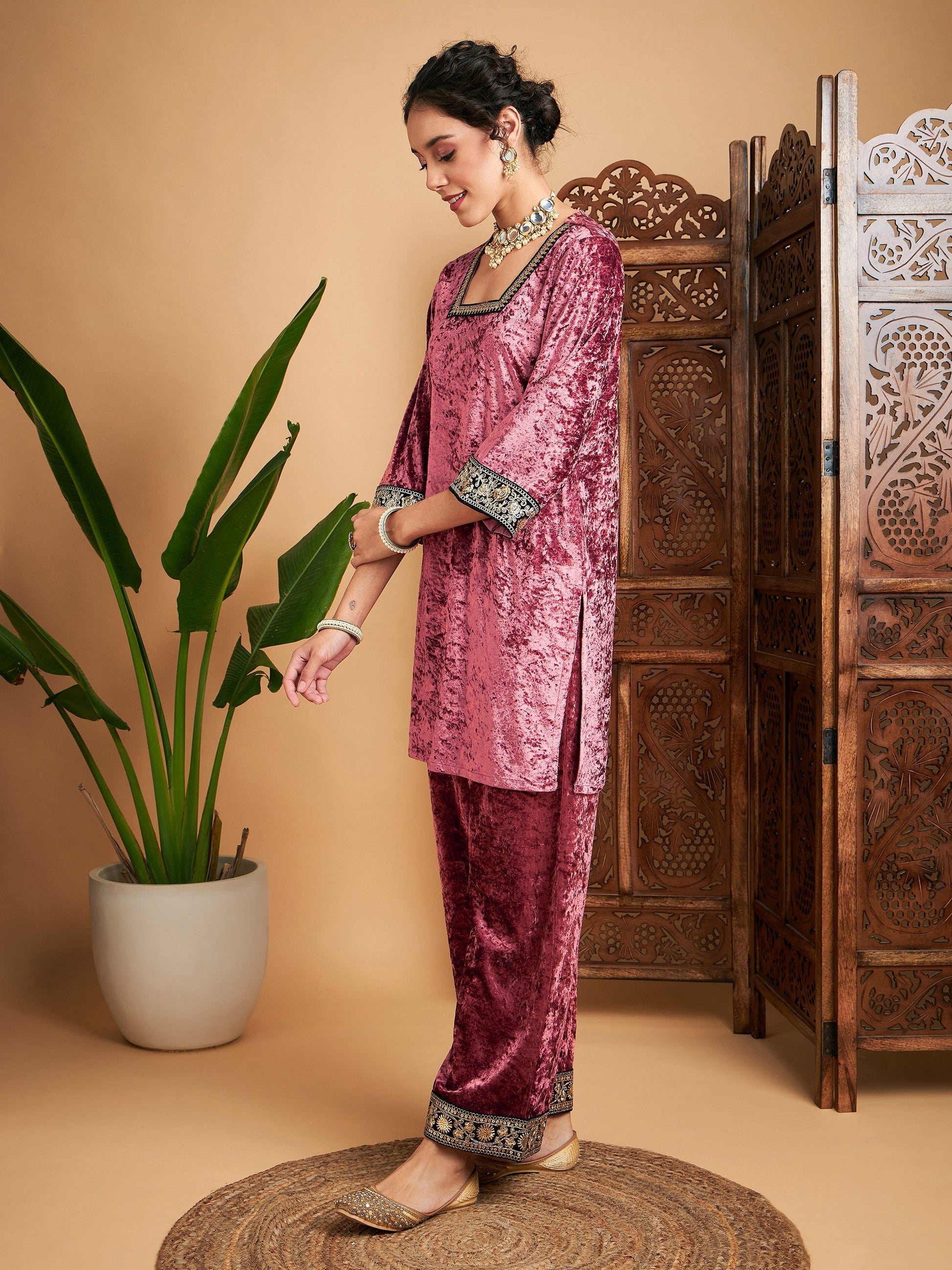 Pink Velvet Embroidered Short Kurta With Pants-Shae by SASSAFRAS
