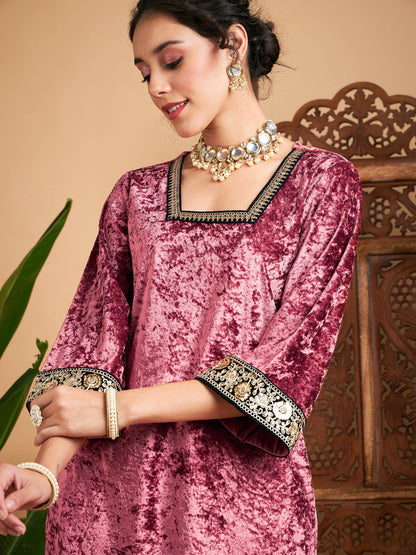 Pink Velvet Embroidered Short Kurta With Pants-Shae by SASSAFRAS