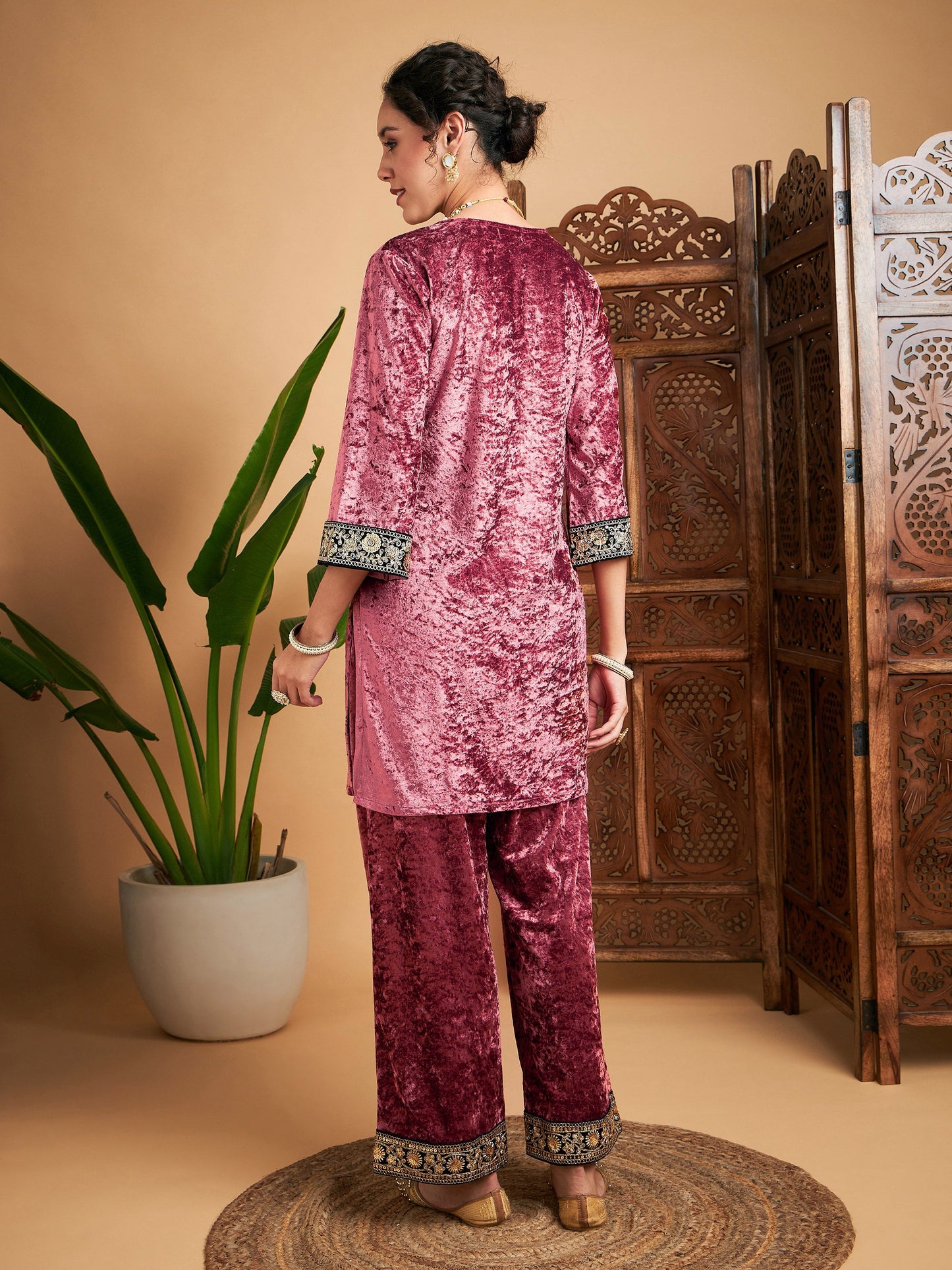 Pink Velvet Embroidered Short Kurta With Pants-Shae by SASSAFRAS