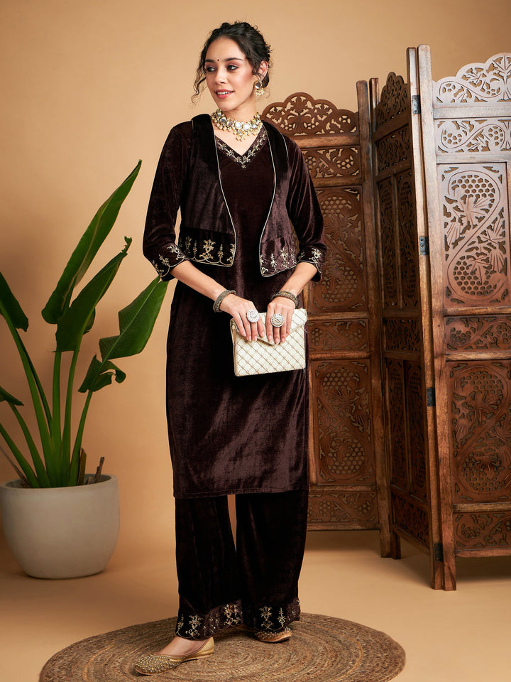 Brown Zari Velvet Straight Kurta Set With WaistCoat