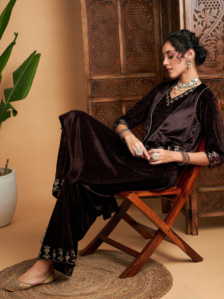 Brown Zari Velvet Straight Kurta Set With WaistCoat