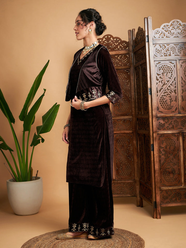 Brown Zari Velvet Straight Kurta Set With WaistCoat