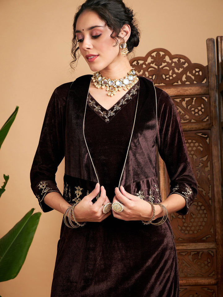 Brown Zari Velvet Straight Kurta Set With WaistCoat
