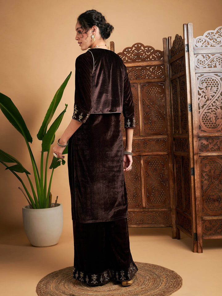 Brown Zari Velvet Straight Kurta Set With WaistCoat