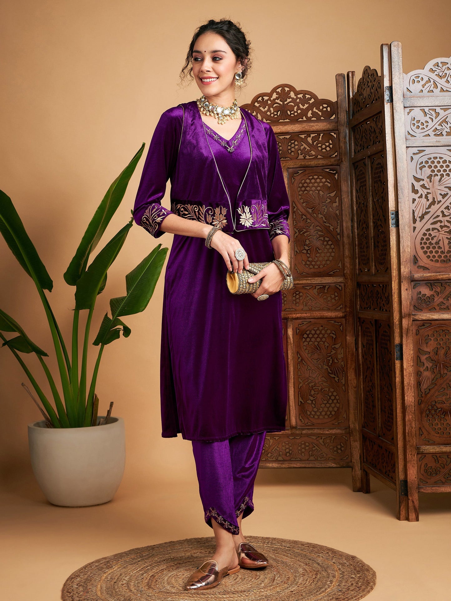Purple Zari Velvet Straight Kurta Set With WaistCoat