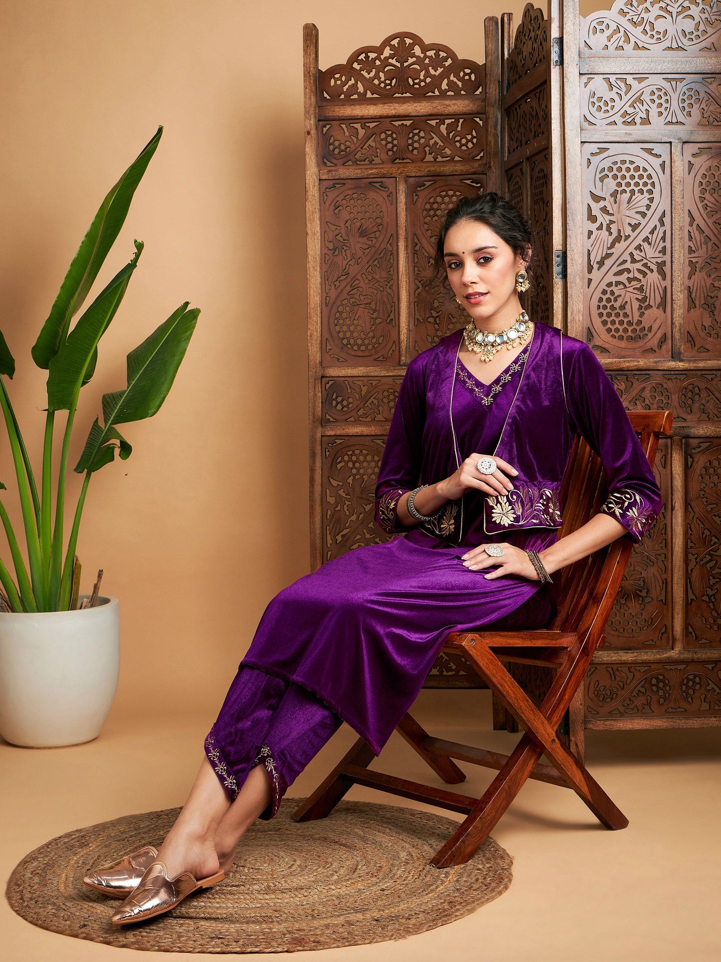 Purple Zari Velvet Straight Kurta Set With WaistCoat