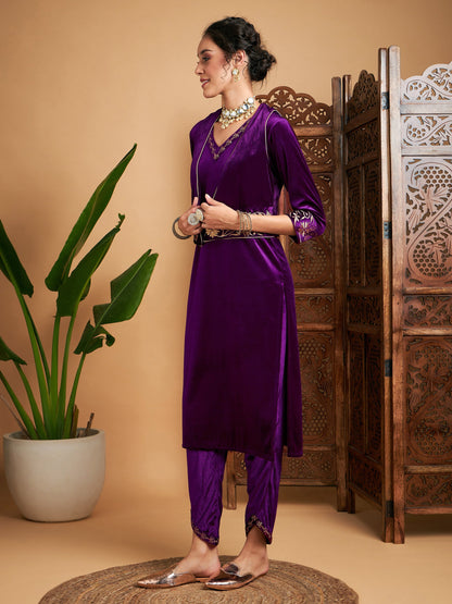 Purple Zari Velvet Straight Kurta Set With WaistCoat