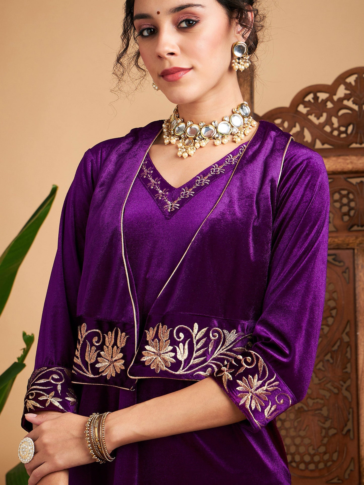 Purple Zari Velvet Straight Kurta Set With WaistCoat