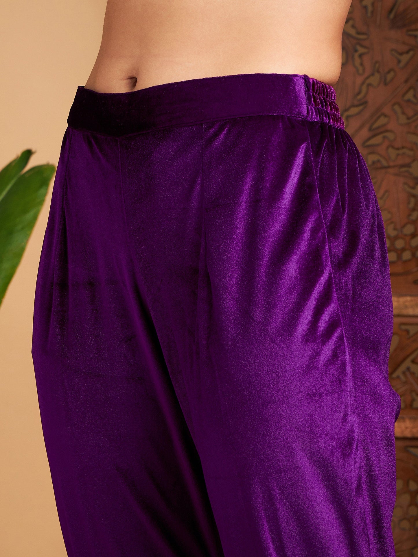 Purple Zari Velvet Straight Kurta Set With WaistCoat