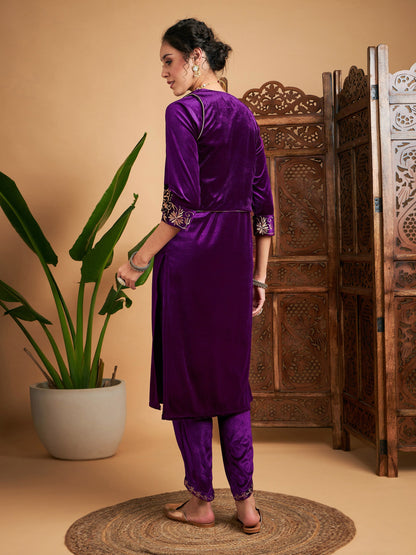 Purple Zari Velvet Straight Kurta Set With WaistCoat