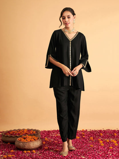 Black Embroidered A Line Top With Straight Pants-Shae by SASSAFRAS