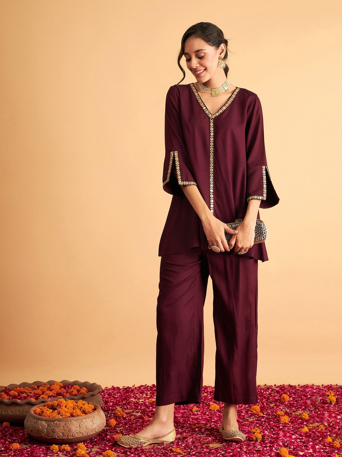 Burgundy Embroidered A Line Top With Straight Pants-Shae by SASSAFRAS