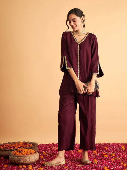 Burgundy Embroidered A Line Top With Straight Pants-Shae by SASSAFRAS