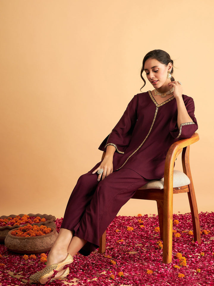 Burgundy Embroidered A Line Top With Straight Pants-Shae by SASSAFRAS