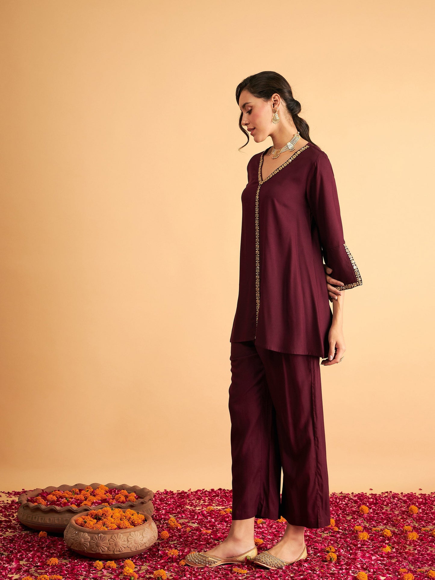 Burgundy Embroidered A Line Top With Straight Pants-Shae by SASSAFRAS