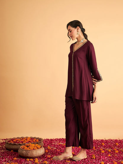 Burgundy Embroidered A Line Top With Straight Pants-Shae by SASSAFRAS