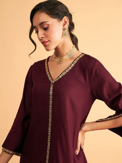 Burgundy Embroidered A Line Top With Straight Pants-Shae by SASSAFRAS