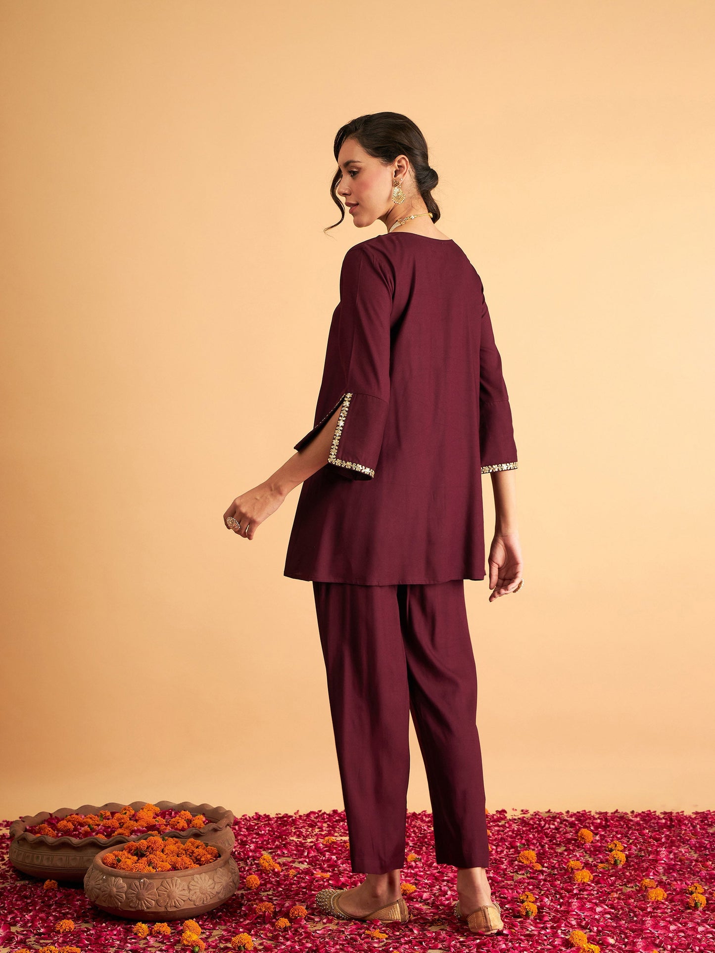 Burgundy Embroidered A Line Top With Straight Pants-Shae by SASSAFRAS