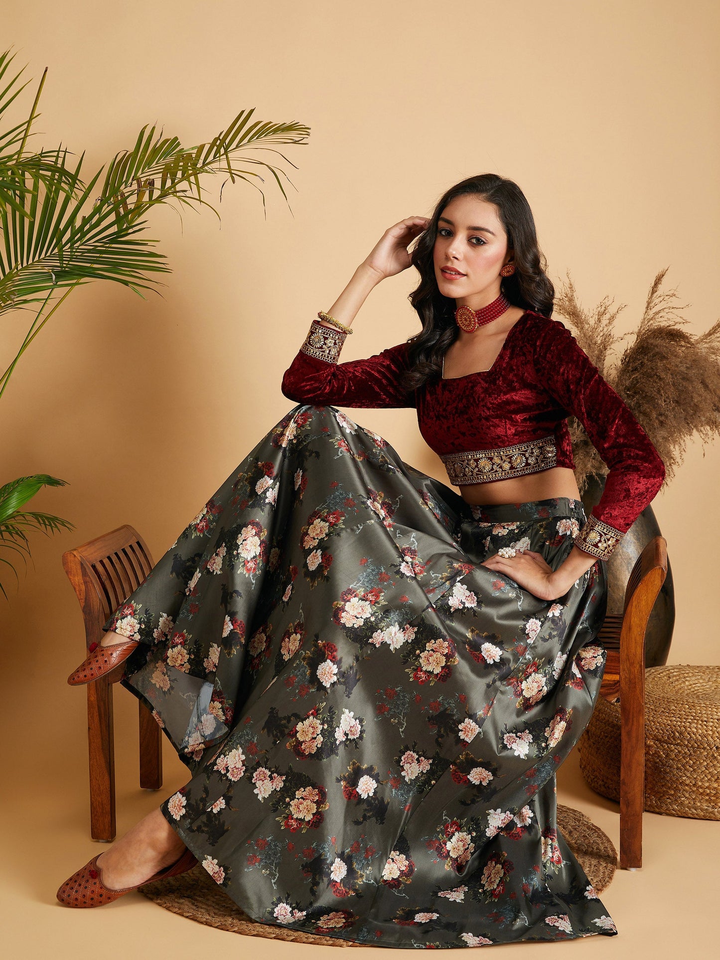 Olive Floral Skirt With Maroon Velvet Full Sleeves Crop Top-Shae by SASSAFRAS