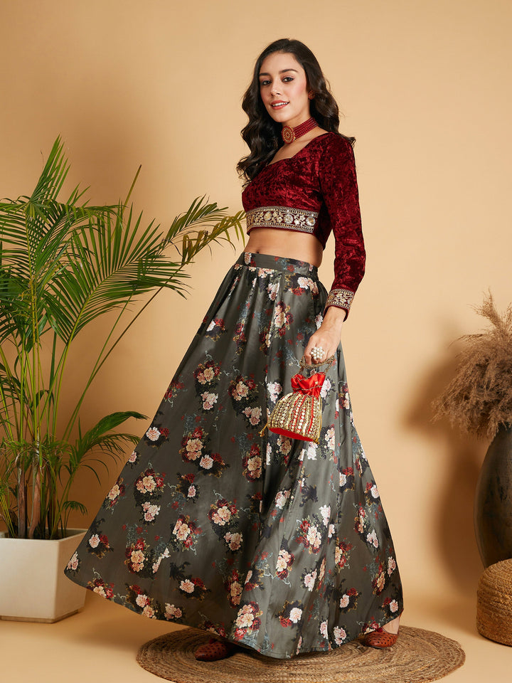 Olive Floral Skirt With Maroon Velvet Full Sleeves Crop Top-Shae by SASSAFRAS