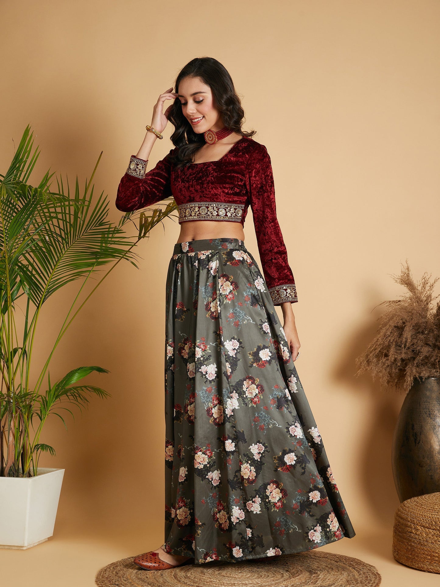Olive Floral Skirt With Maroon Velvet Full Sleeves Crop Top-Shae by SASSAFRAS