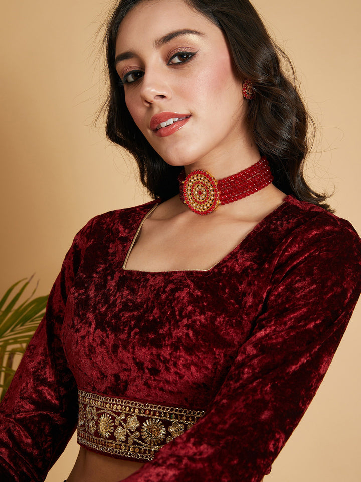Olive Floral Skirt With Maroon Velvet Full Sleeves Crop Top-Shae by SASSAFRAS