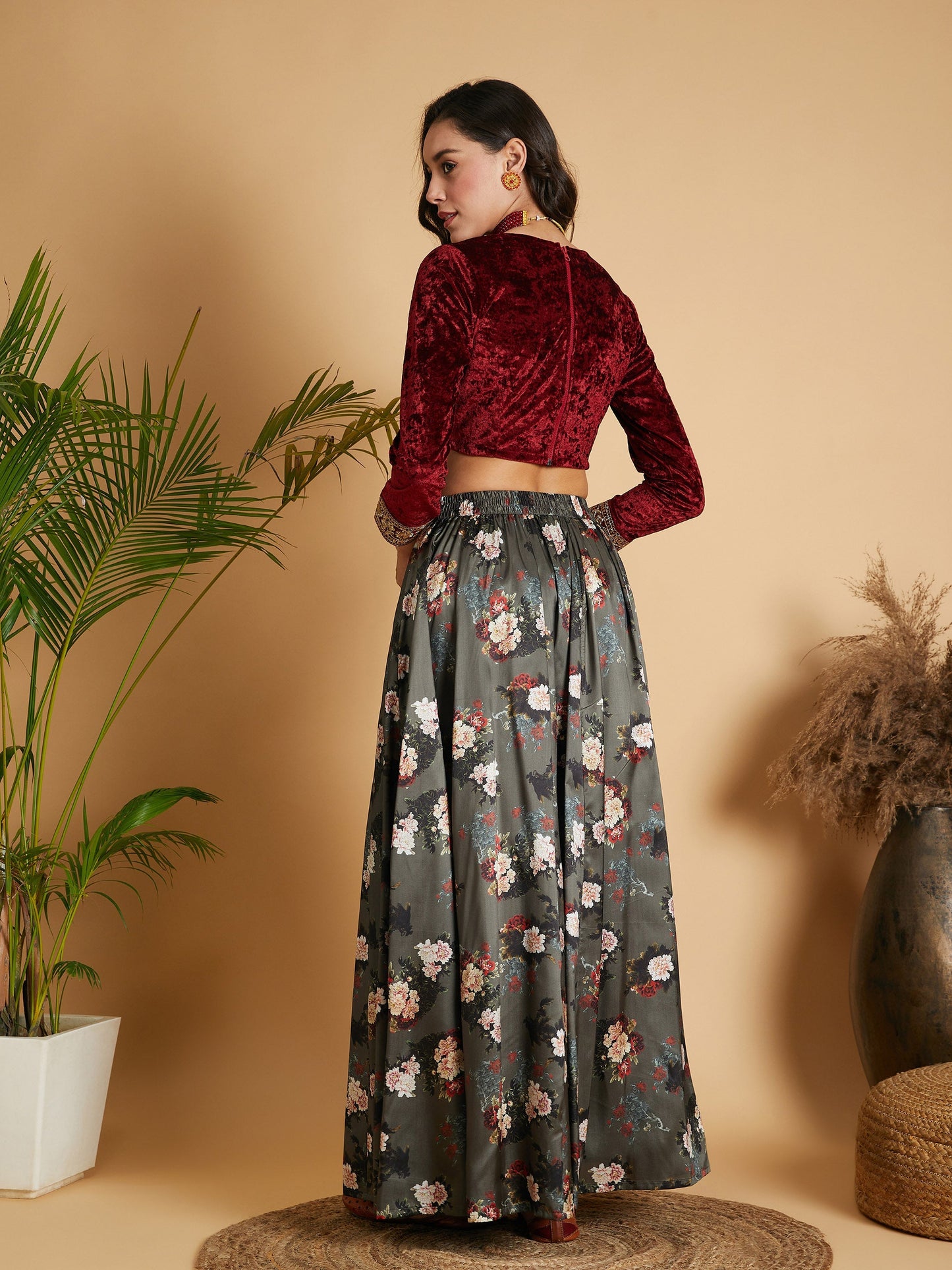 Olive Floral Skirt With Maroon Velvet Full Sleeves Crop Top-Shae by SASSAFRAS