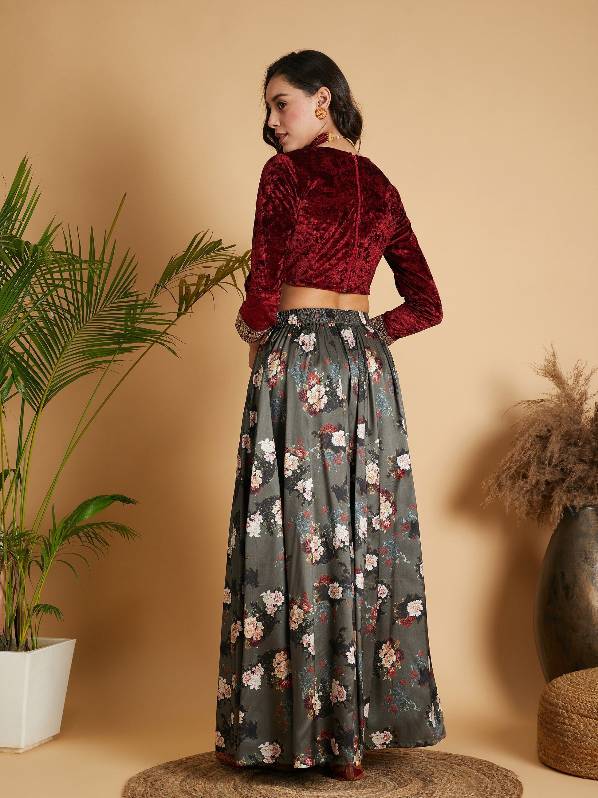Olive Floral Skirt With Maroon Velvet Full Sleeves Crop Top-Shae by SASSAFRAS