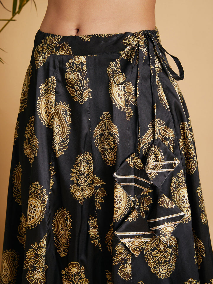 Black Floral Skirt With Black Velvet Full Sleeves Crop Top-Shae by SASSAFRAS