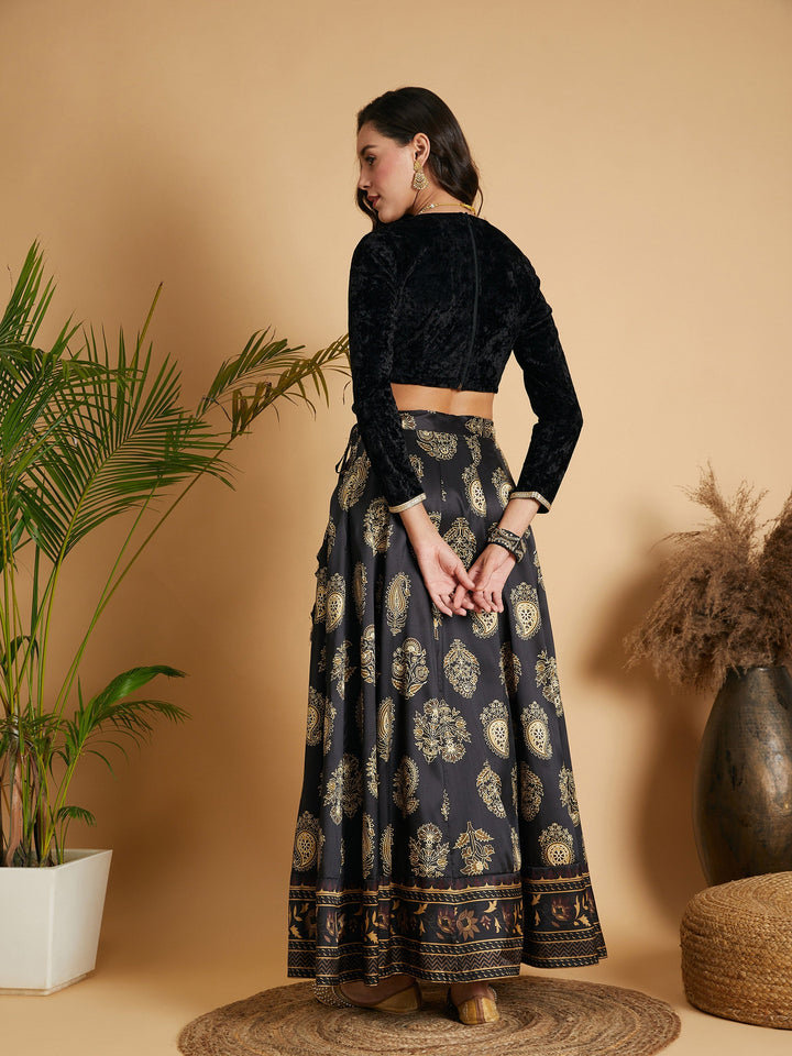 Black Floral Skirt With Black Velvet Full Sleeves Crop Top-Shae by SASSAFRAS