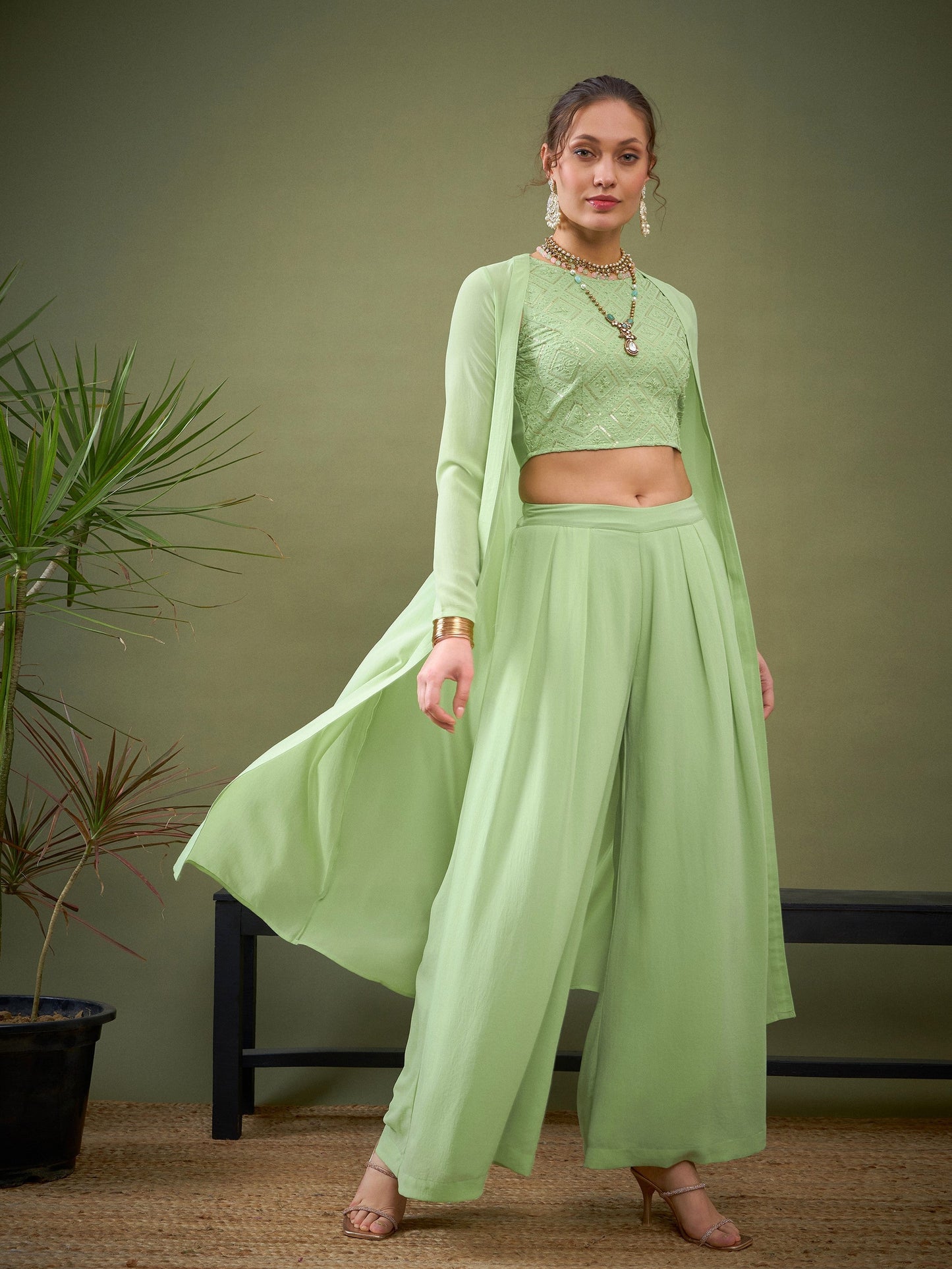 Mint Green Crop Top With Palazzos & Shrug
