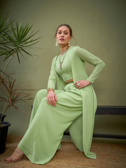 Mint Green Crop Top With Palazzos & Shrug