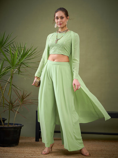 Mint Green Crop Top With Palazzos & Shrug