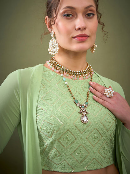 Mint Green Crop Top With Palazzos & Shrug