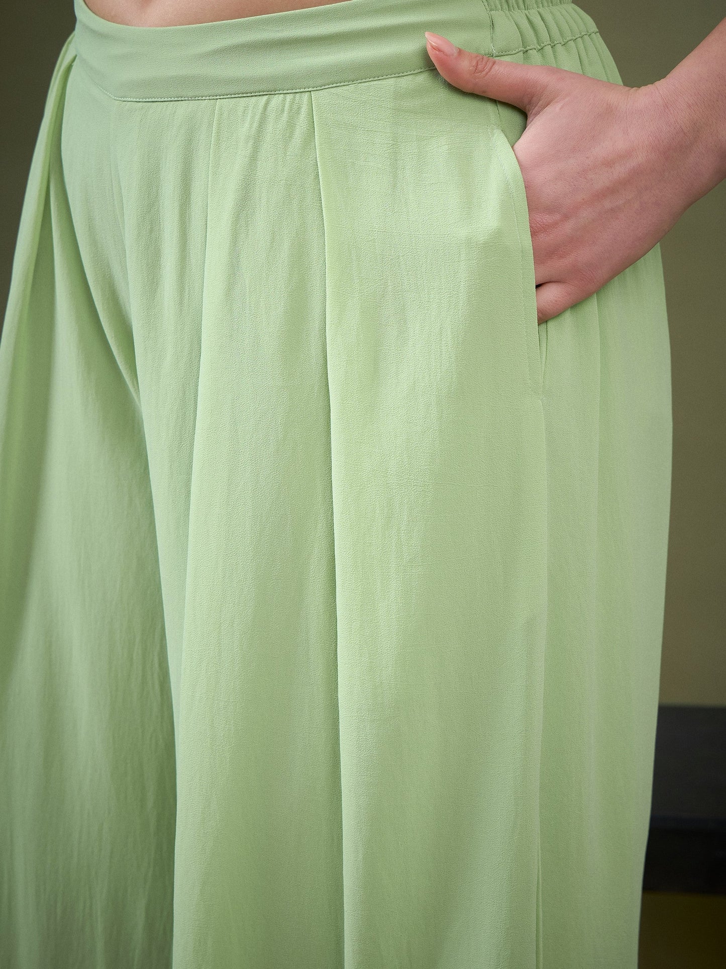 Mint Green Crop Top With Palazzos & Shrug