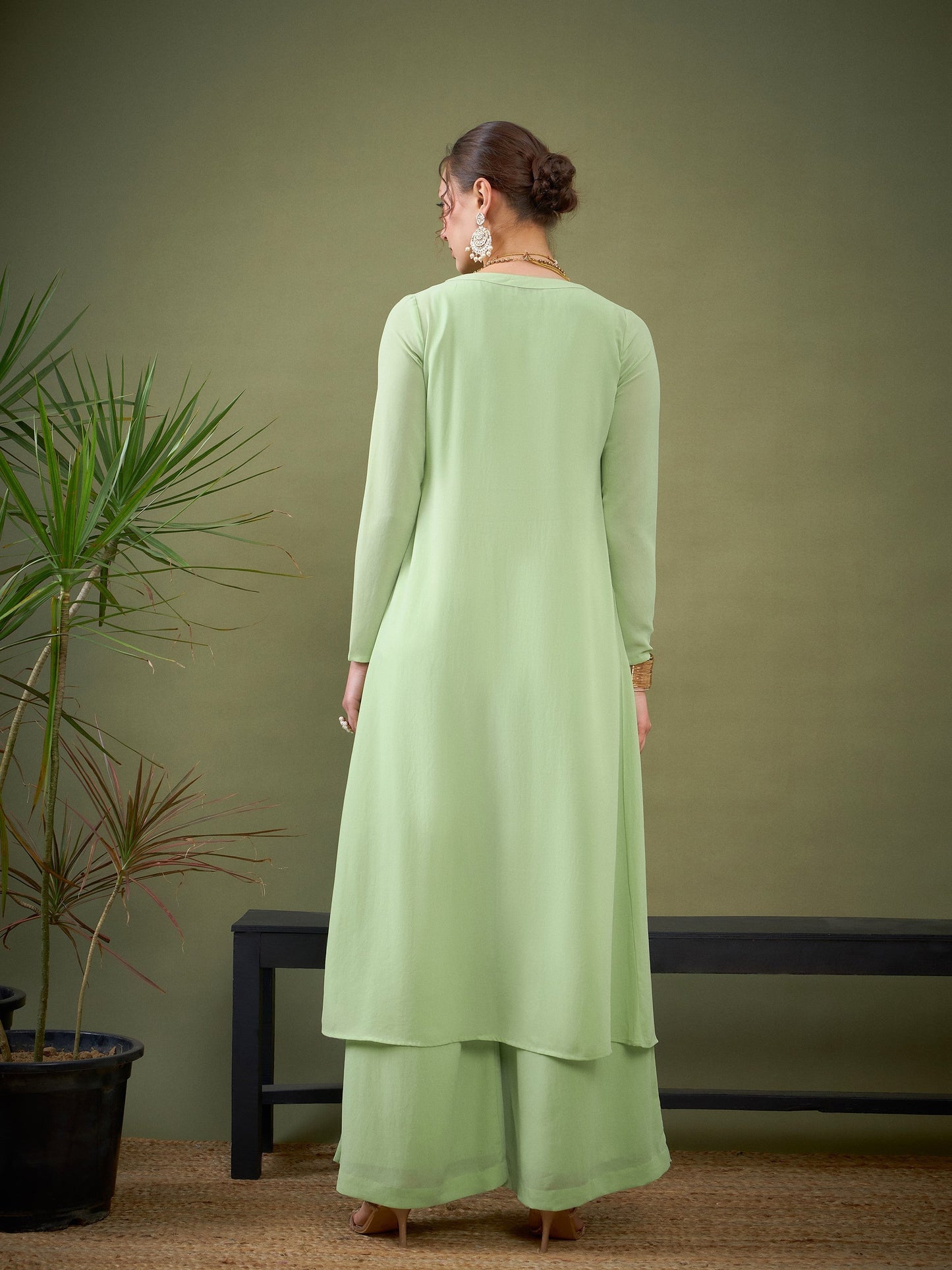 Mint Green Crop Top With Palazzos & Shrug
