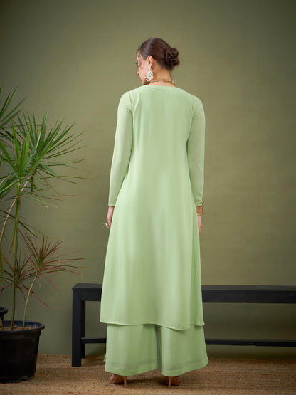 Mint Green Crop Top With Palazzos & Shrug