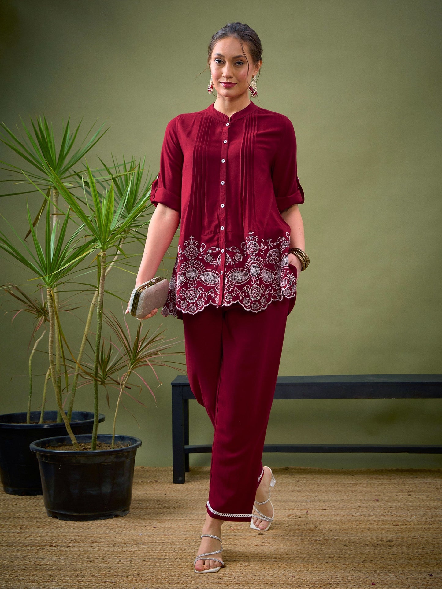 Maroon Hem Embroidered Shirt With Palazzos-Shae by SASSAFRAS