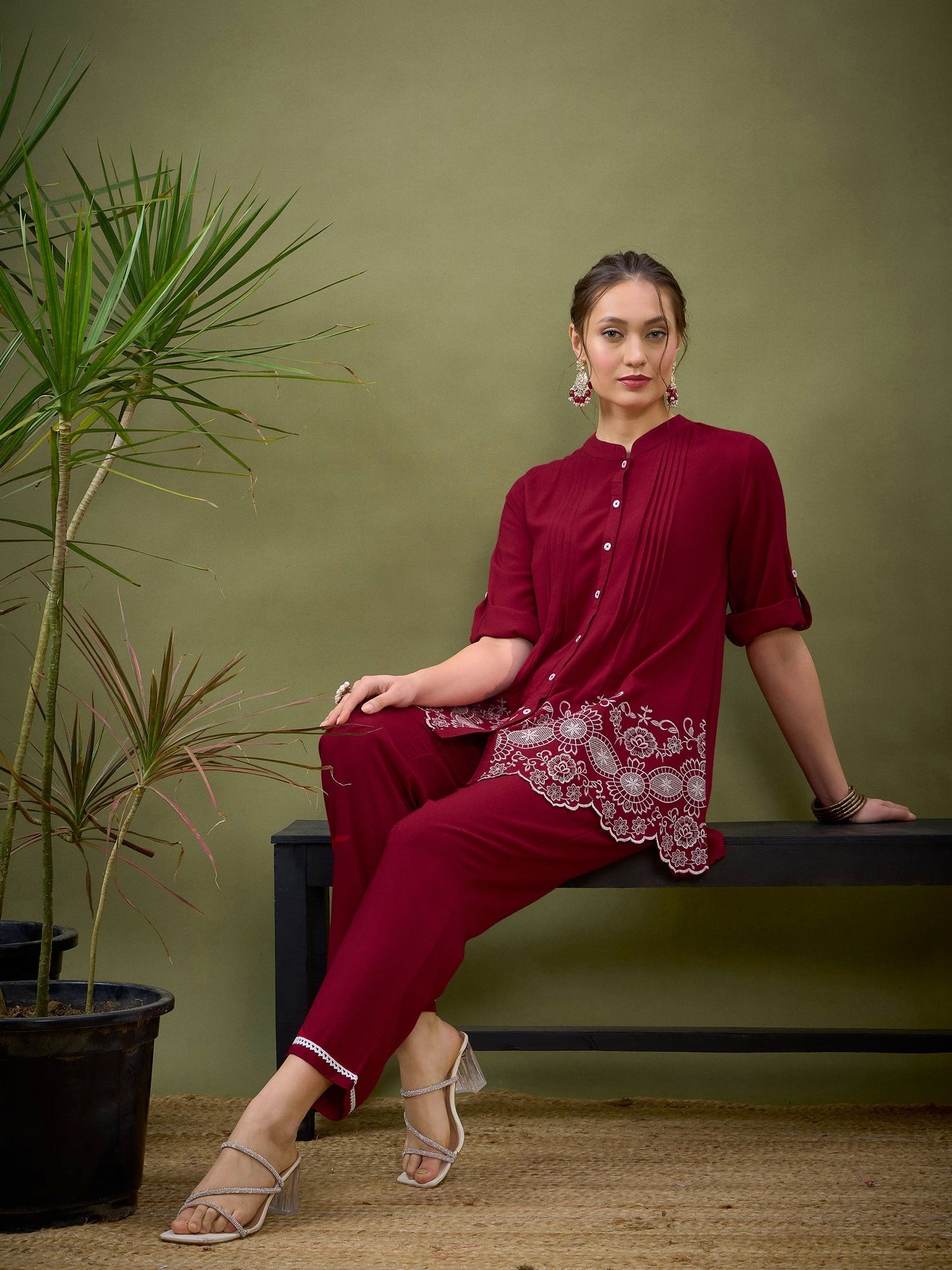 Maroon Hem Embroidered Shirt With Palazzos-Shae by SASSAFRAS