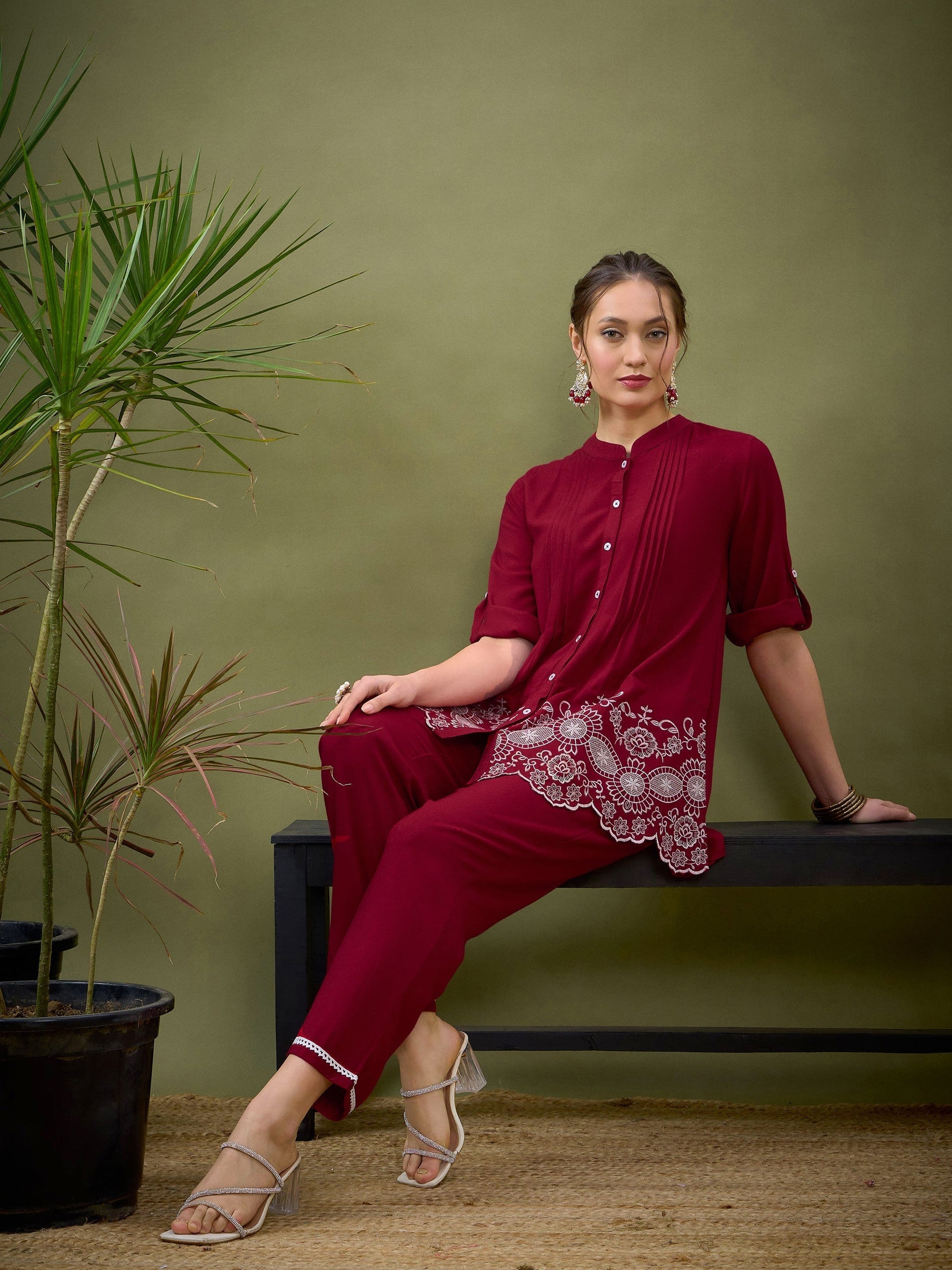 Maroon Hem Embroidered Shirt With Palazzos-Shae by SASSAFRAS