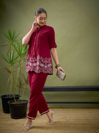 Maroon Hem Embroidered Shirt With Palazzos-Shae by SASSAFRAS