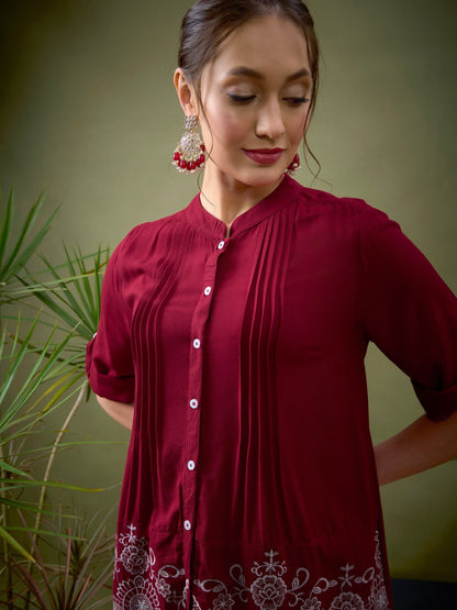 Maroon Hem Embroidered Shirt With Palazzos-Shae by SASSAFRAS