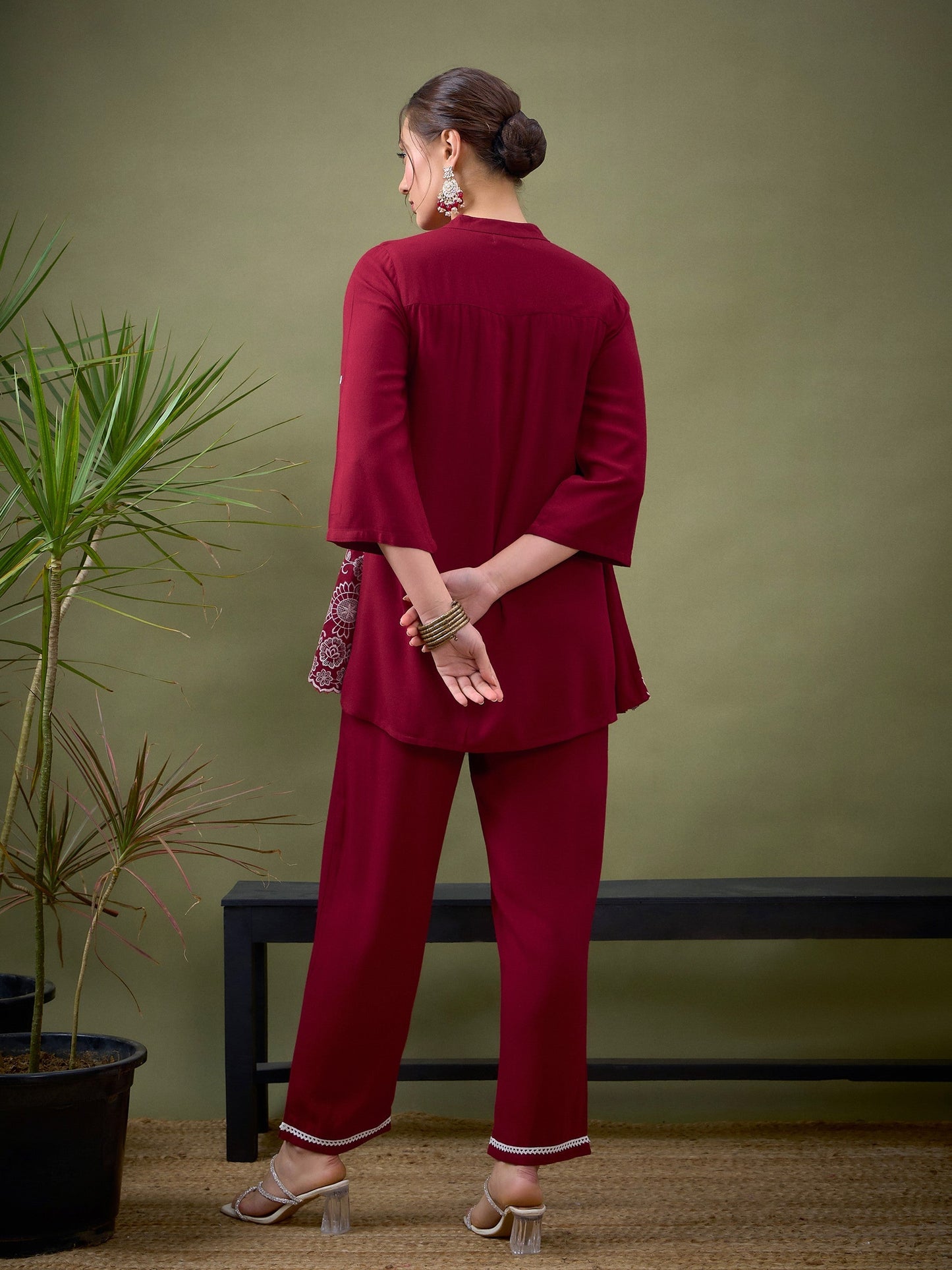 Maroon Hem Embroidered Shirt With Palazzos-Shae by SASSAFRAS