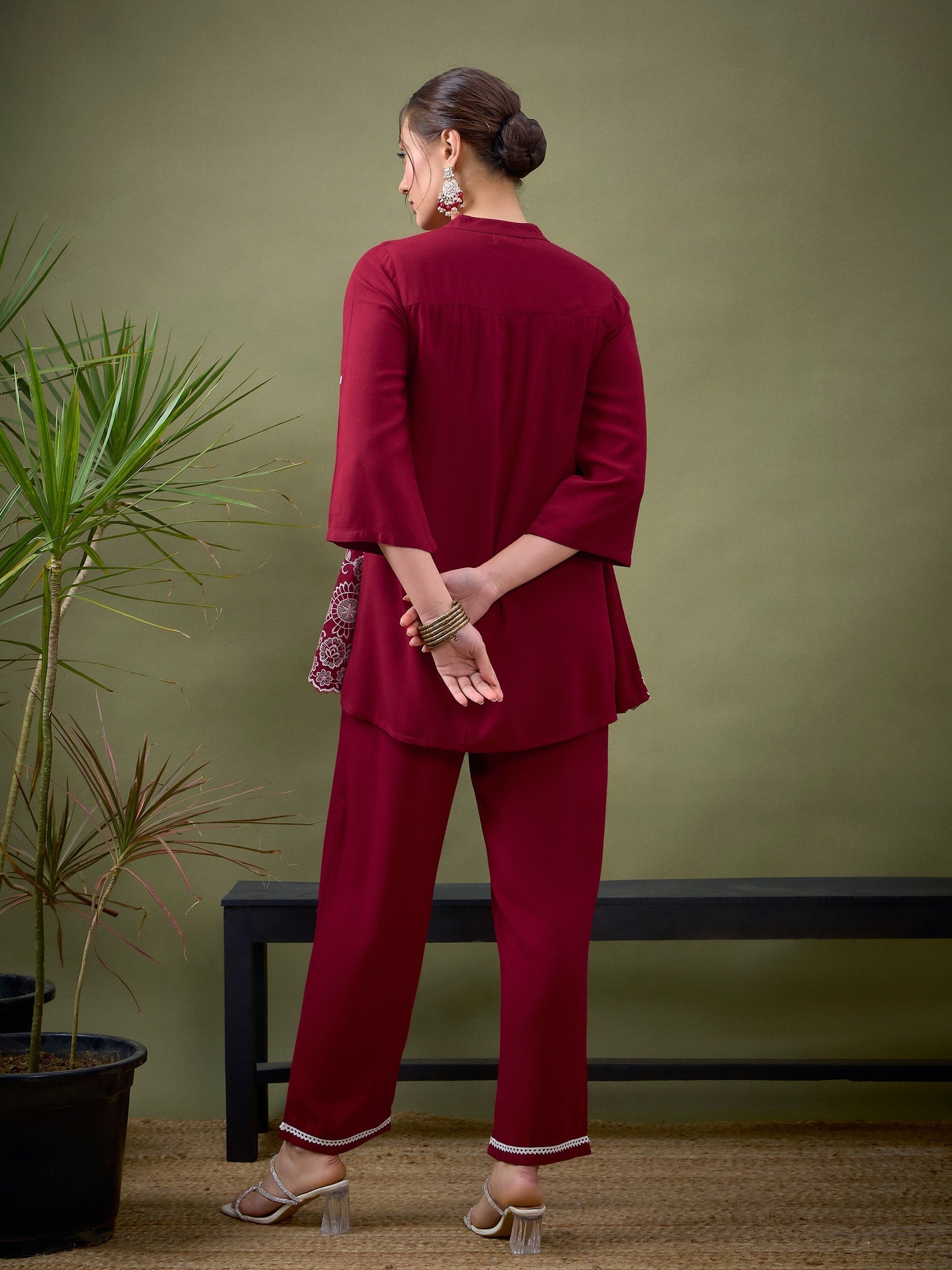 Maroon Hem Embroidered Shirt With Palazzos-Shae by SASSAFRAS